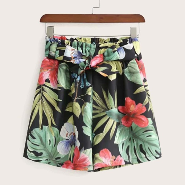 

Tropical Print Belted Paperbag Shorts, Multicolor