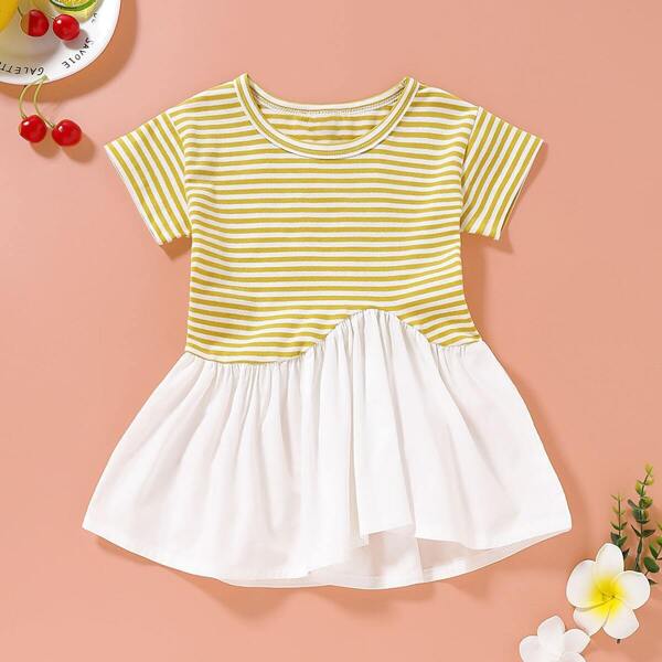 

Baby Girl Stripe Print Contrast Flare Hem A-line Dress, Multicolor