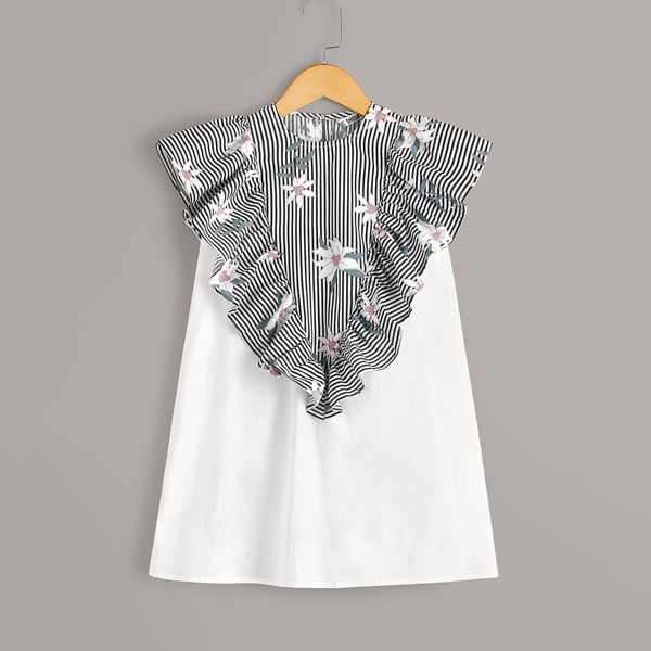 

Toddler Girls Floral & Stripe Print Ruffle Trim Smock Dress, Black and white