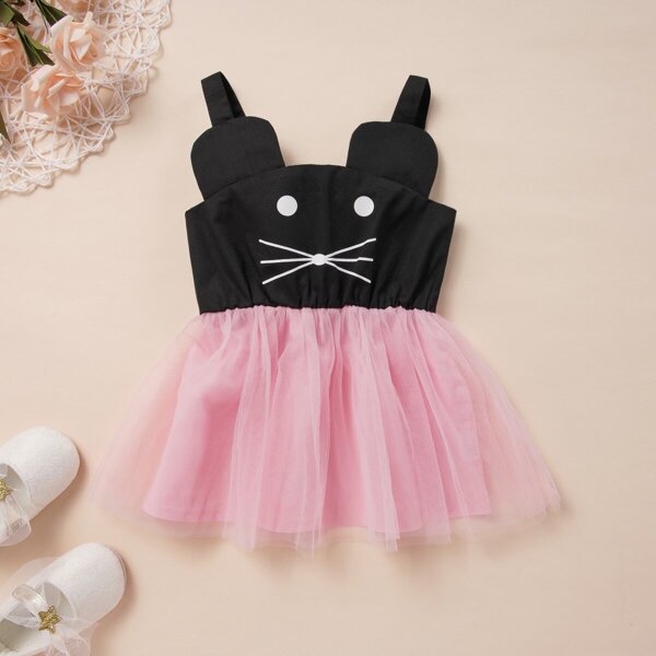 

Baby Girl Cartoon Print Contrast Mesh Slip Dress