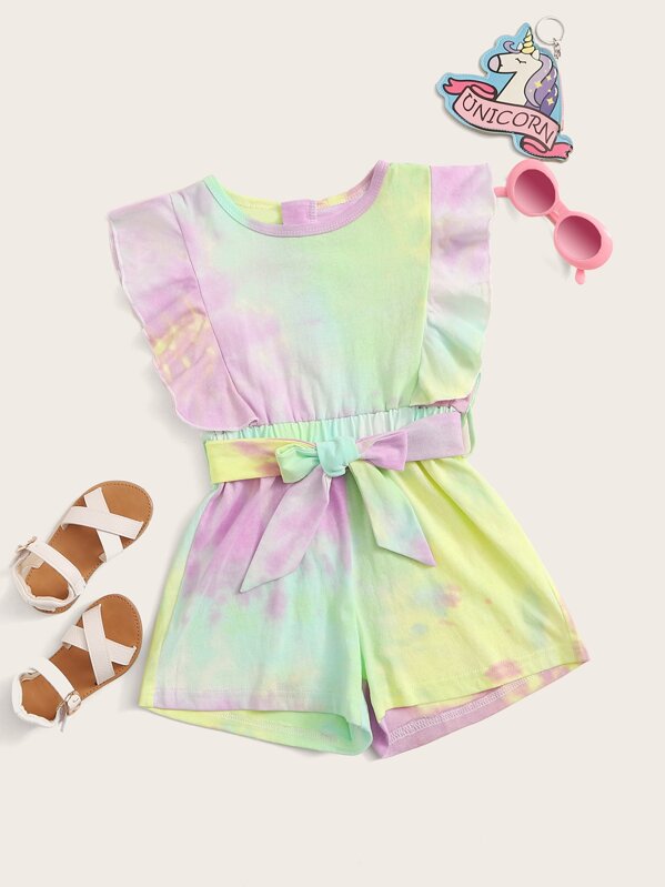 

Toddler Girls Tie Dye Ruffle Trim Belted Romper, Multicolor