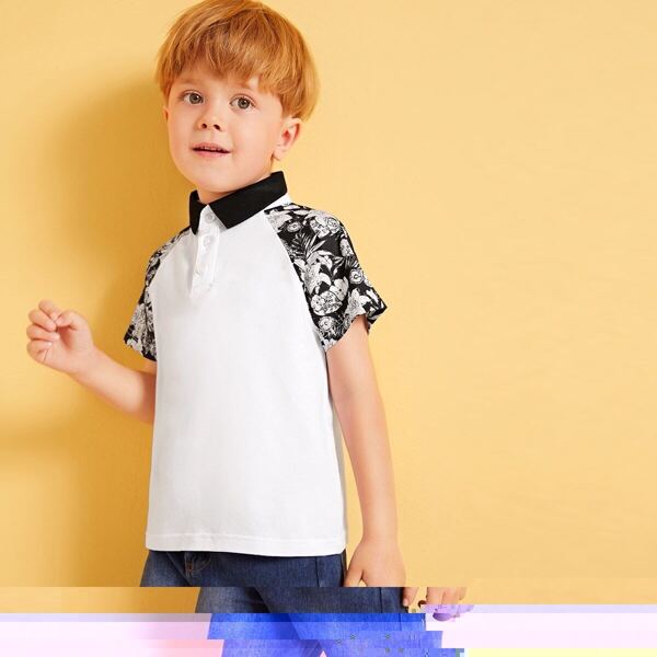 

Toddler Boys Contrast Collar Floral Print Raglan Sleeve Polo Shirt, Black and white
