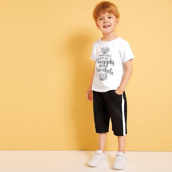 

Toddler Boys Slogan Print Tee With Contrast Side Pants, Black and white