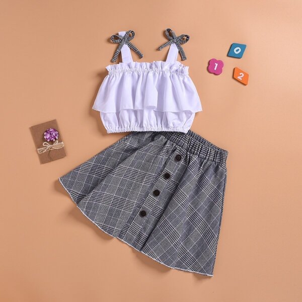 

Toddler Girls Ruffle Cami Top With Button Through Glen Check Skirt