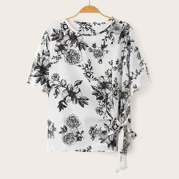

Floral Print Knot Side Chiffon Blouse