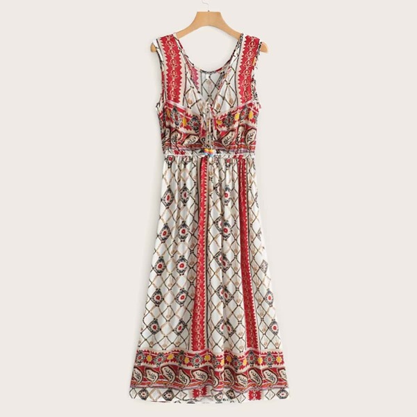 

Tribal Print V-neck Knot Front Dress