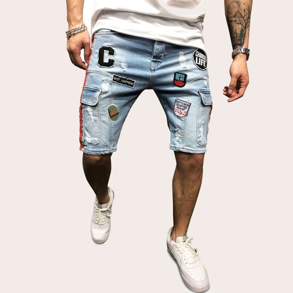 

Men Pocket Side Patched Denim Shorts