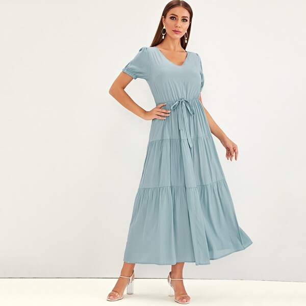 

Solid Tie Front Ruffle Hem Ruched Dress, Blue