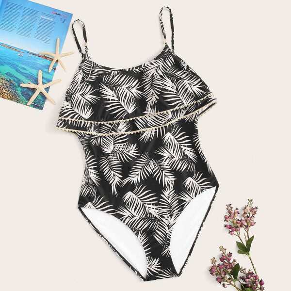 

Plus Leaf Print Tiered Layer One Piece Swimsuit
