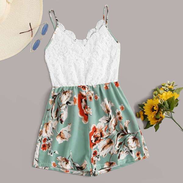 

Contrast Lace Floral Print Cami Romper