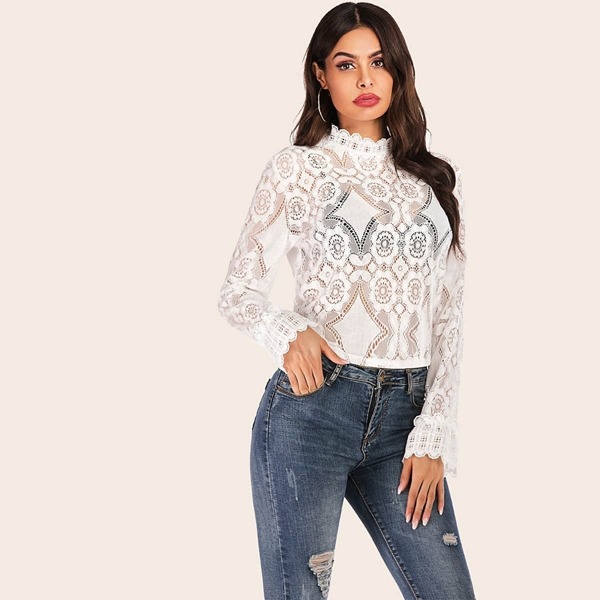 

Solid Scallop Trim Sheer Lace Top