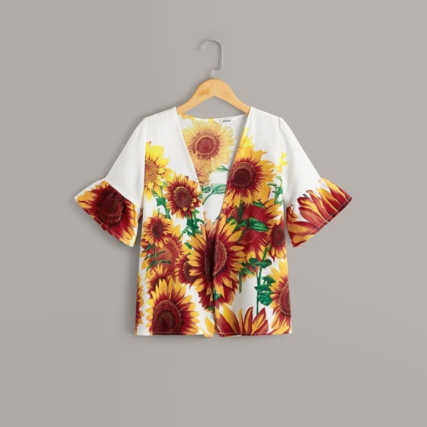 

Girls Sunflower Print Open Front Ruffle Cuff Kimono