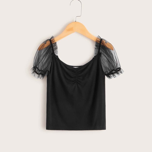 

Girls Mesh Sleeve Ruched Front Top