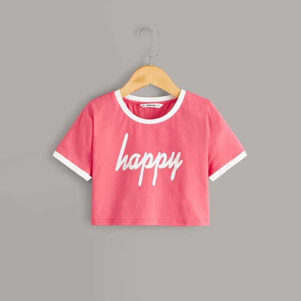 

Girls Letter Print Ringer Crop Top, Pink
