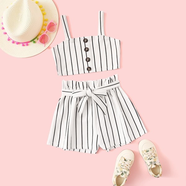 

Girls Striped Button Front Top & Paperbag Waist Belted Shorts Set, White