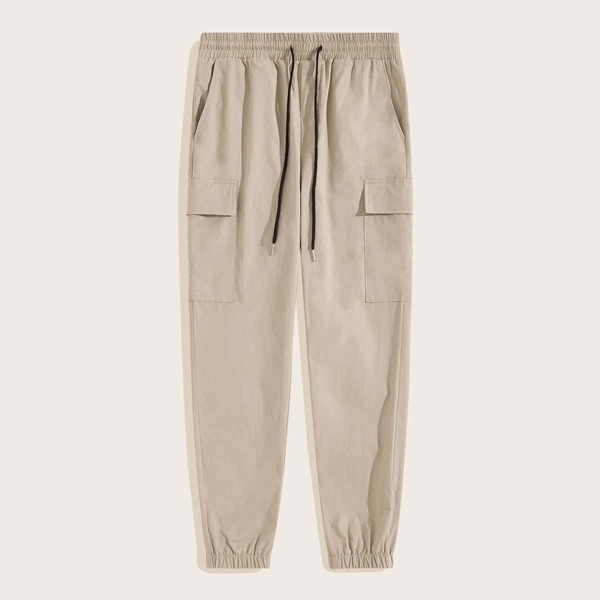

Men Drawstring Waist Flap Pocket Pants, Khaki pastel