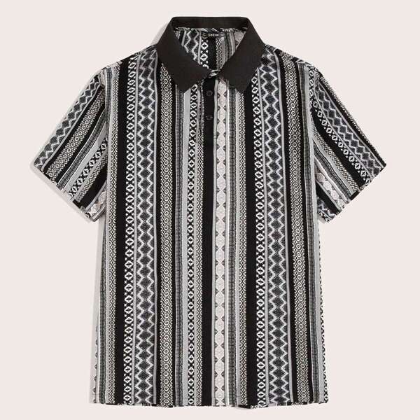 

Men Contrast Collar Aztec Print Polo Shirt