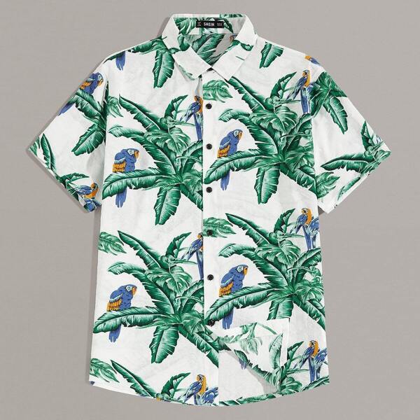 

Men Tropical and Bird Print Shirt