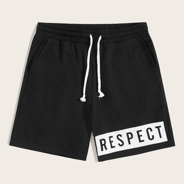 

Men Drawstring Waist Letter Print Shorts, Black