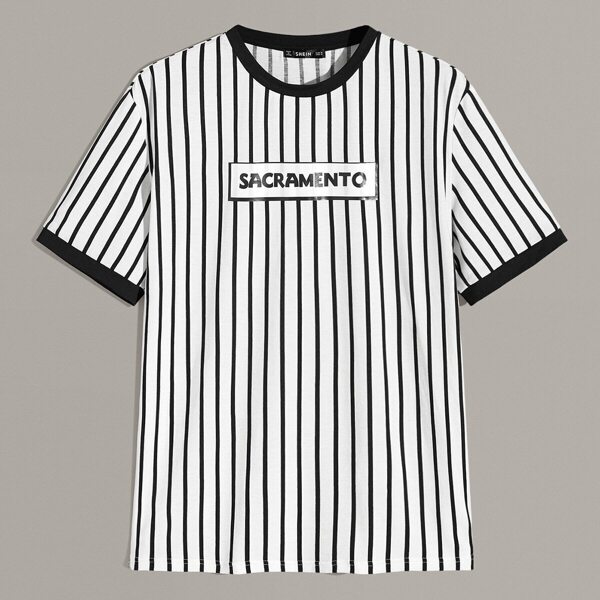 

Men Letter Print Striped Ringer Top