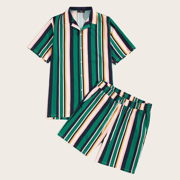 

Men Notch Collar Striped Shirt & Shorts Set, Multicolor
