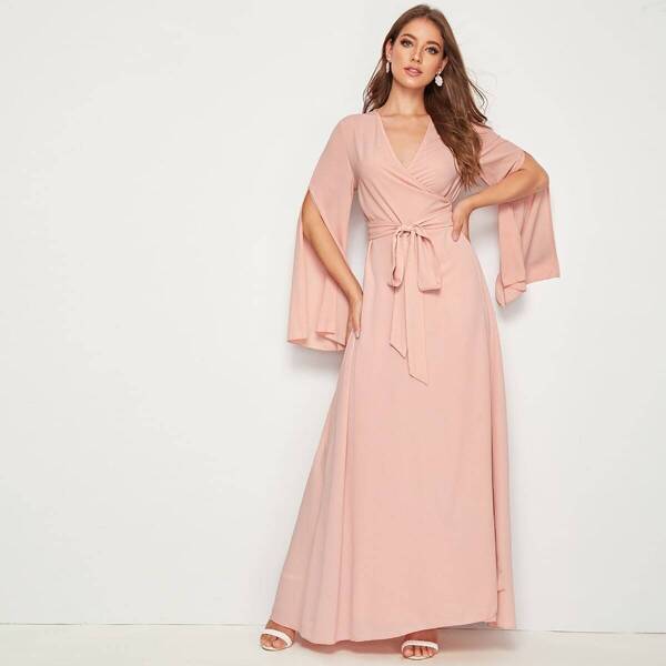 

Split Sleeve Wrap Belted Dress, Pink