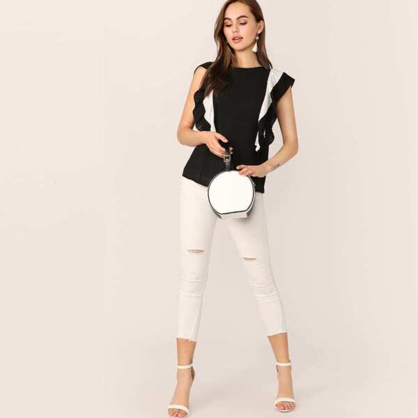 

Keyhole Back Pleated Ruffle Trim Top