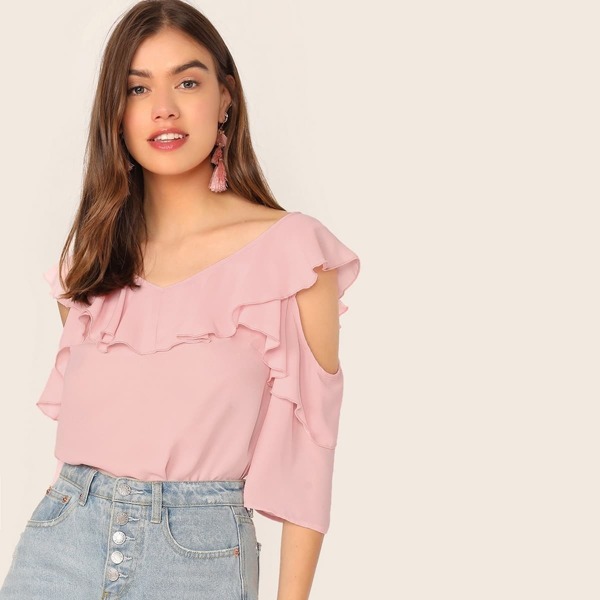 

Cold Shoulder Ruffle Top, Pink pastel
