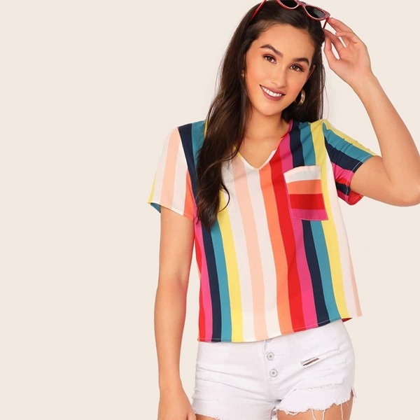 

V-neck Patch Pocket Striped Top, Multicolor