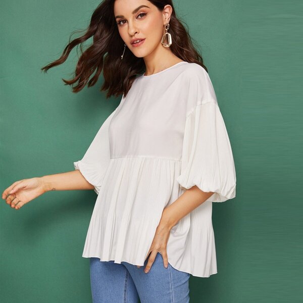 

Keyhole Back Puff Sleeve Peplum Top, White