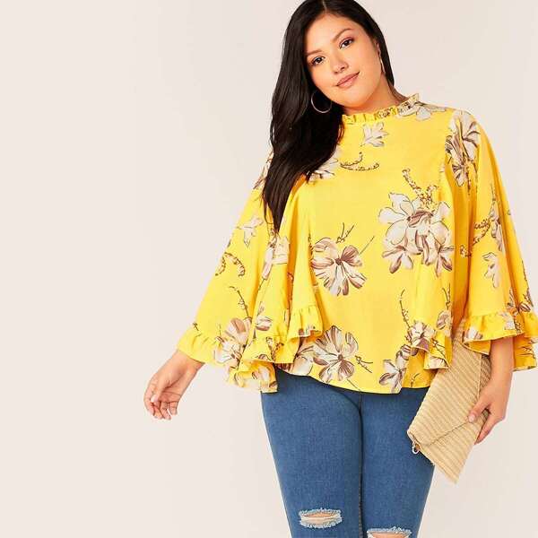 

Plus Batwing Sleeve Ruffle Trim Floral Print Top, Yellow