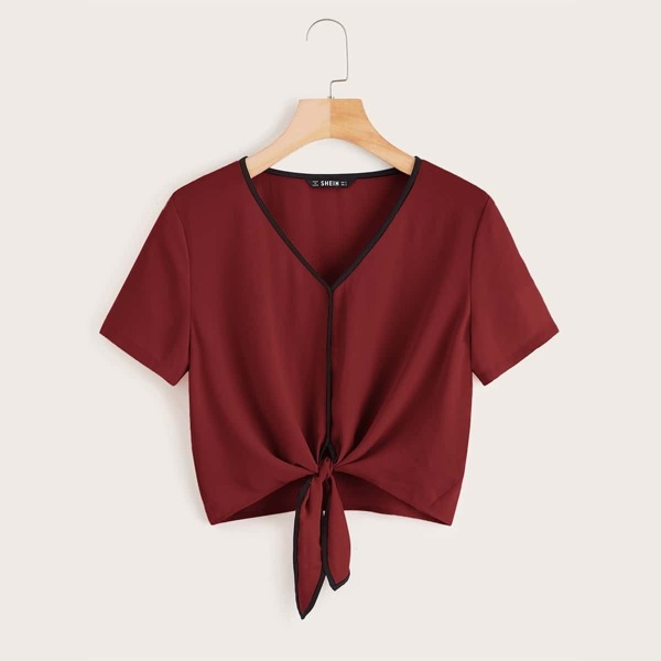 

Tie Hem Contrast Binding Top, Burgundy
