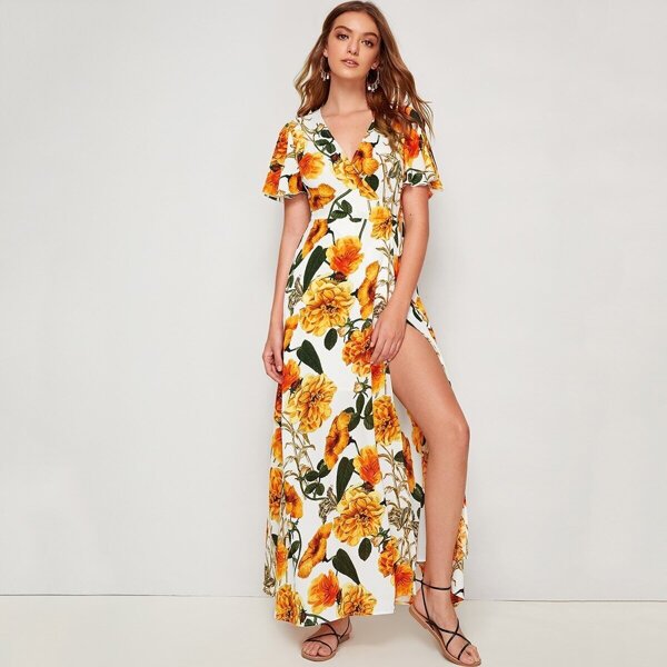 

Floral Print Petal Sleeve Wrap Belted Dress, Multicolor