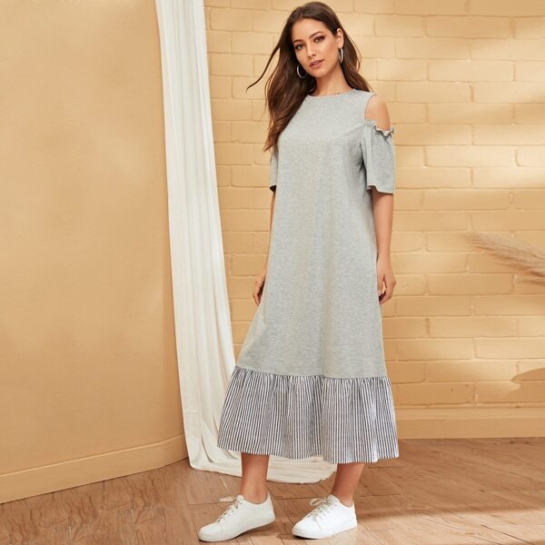 

Frill Trim Cold Shoulder Heather Grey Dress