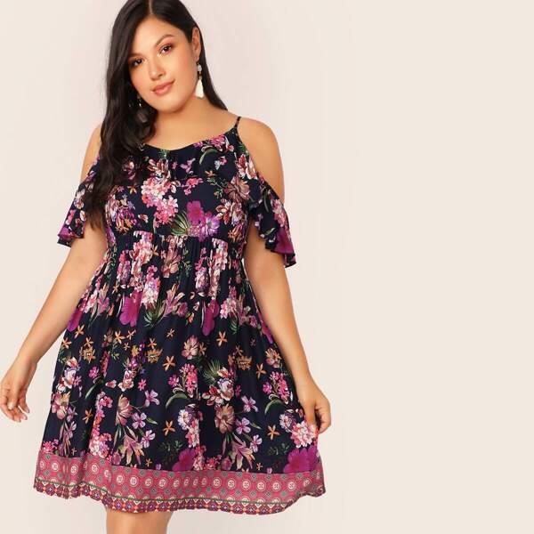 

Plus High Waist Cold Shoulder Floral Dress