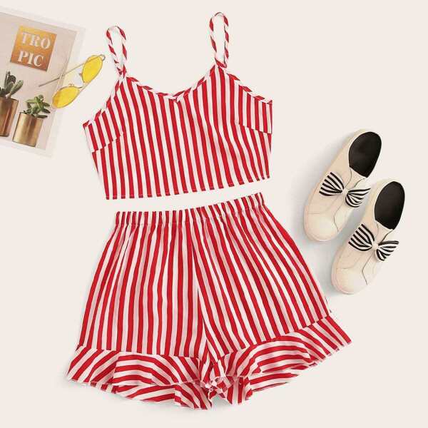 

Striped Print Cami Top With Ruffle Hem Shorts