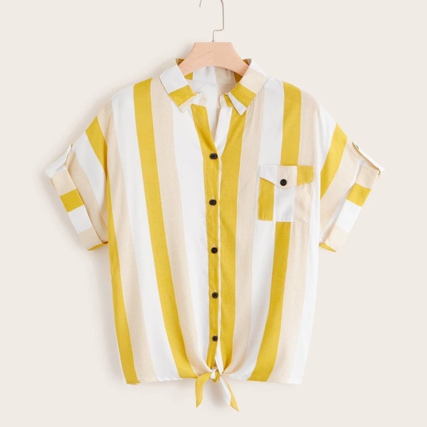 

Plus Striped Pocket Front Blouse