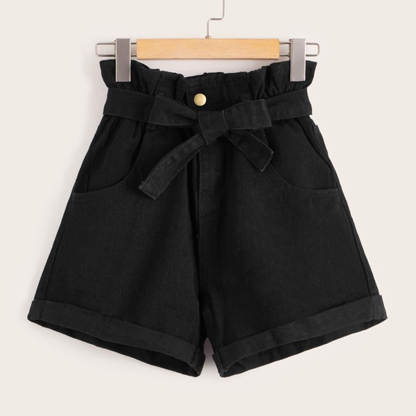 

Self Belted Rolled Hem Denim Shorts