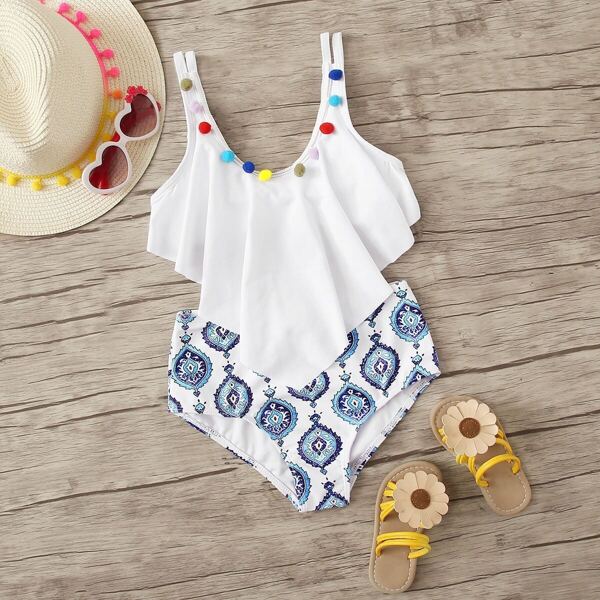 

Girls Pom-pom Hanky Hem Top With Tribal Bikini Set