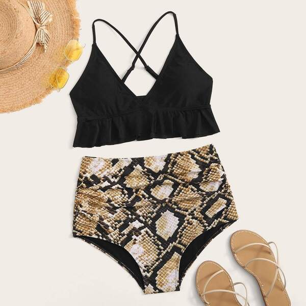

Criss Cross Ruffle Hem Top With Snakeskin Bikini
