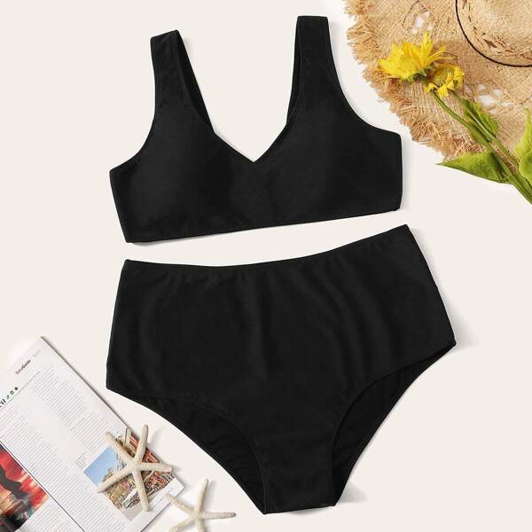 

Plus V Neck Top With High Waist Bikini Set