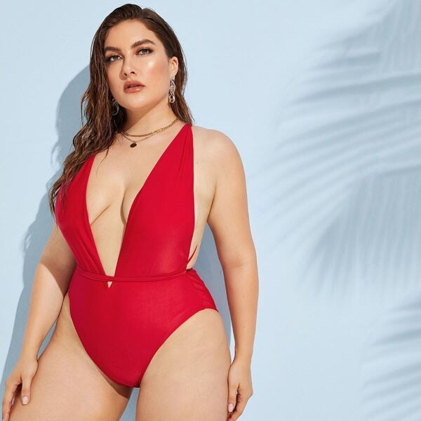 

Plus Criss Cross Back Plunge One Piece Swimwear, Red