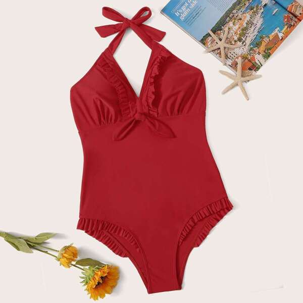 

Plus Frill Trim Knot Halter One Piece Swimwear, Red