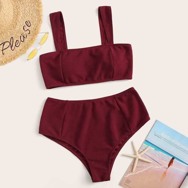 

Plus Textured Top With High Waist Bikini Set, Burgundy