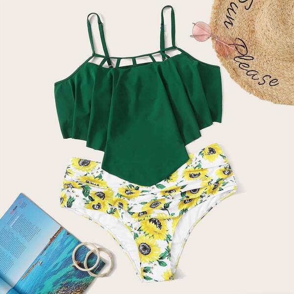 

Plus Hanky Hem Top With Sunflower Tankini Set, Multicolor