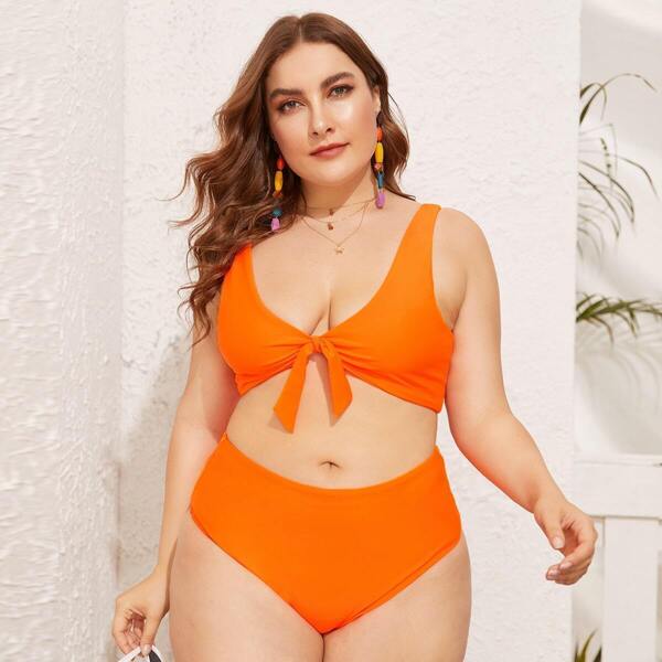 

Plus Knot Front Top With High Waist Bikini Set