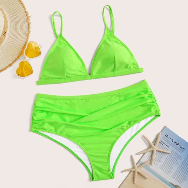 

Plus Neon Green Triangle Top With Ruched Bikini Set, Green bright