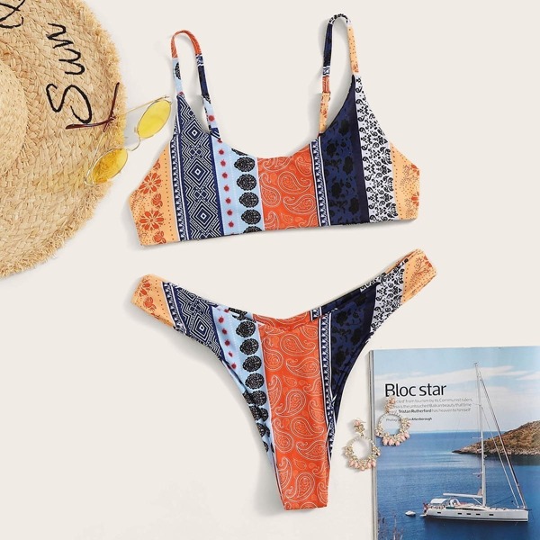 

Tribal Plunge Neck Top With High Cut Bikini Set, Multicolor
