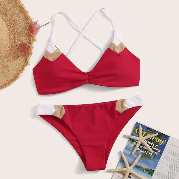 

Lace-up Back Top With Color-block Bikini