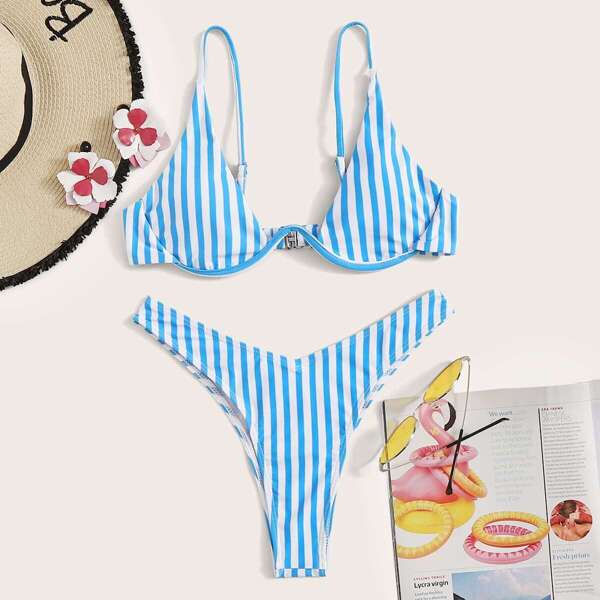 

Бикини в полоску на косточках с высоким вырезом, Синий